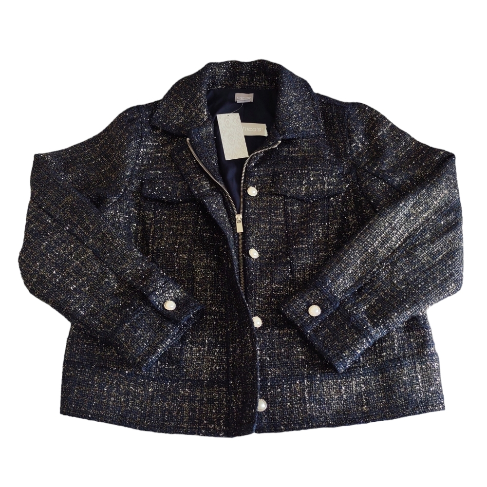 Chico's Women's Classic Navy Foil Tweed Metallic Jacket Size 12/14